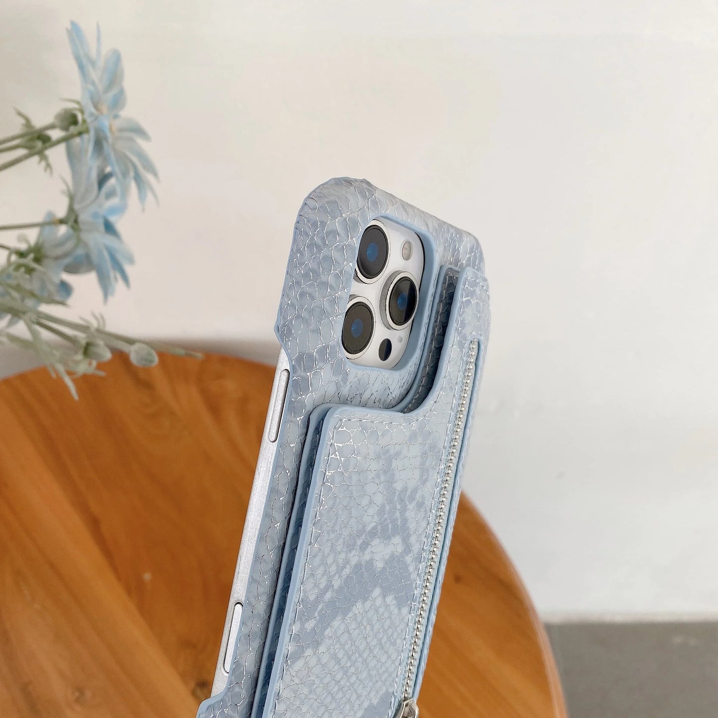 Artificial Snake Leather Cover Phone Case With Mirror Zipper Wallet