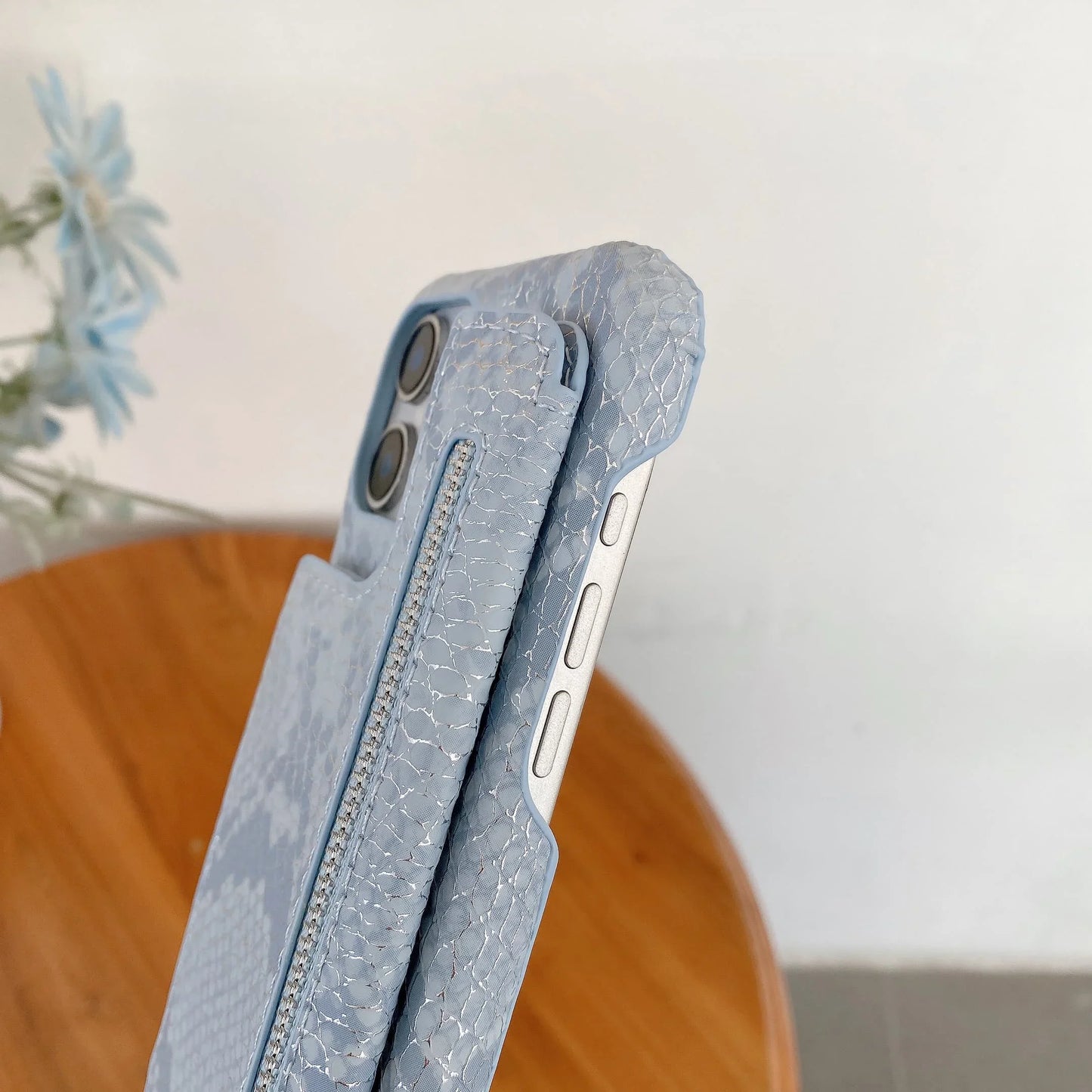 Artificial Snake Leather Cover Phone Case With Mirror Zipper Wallet