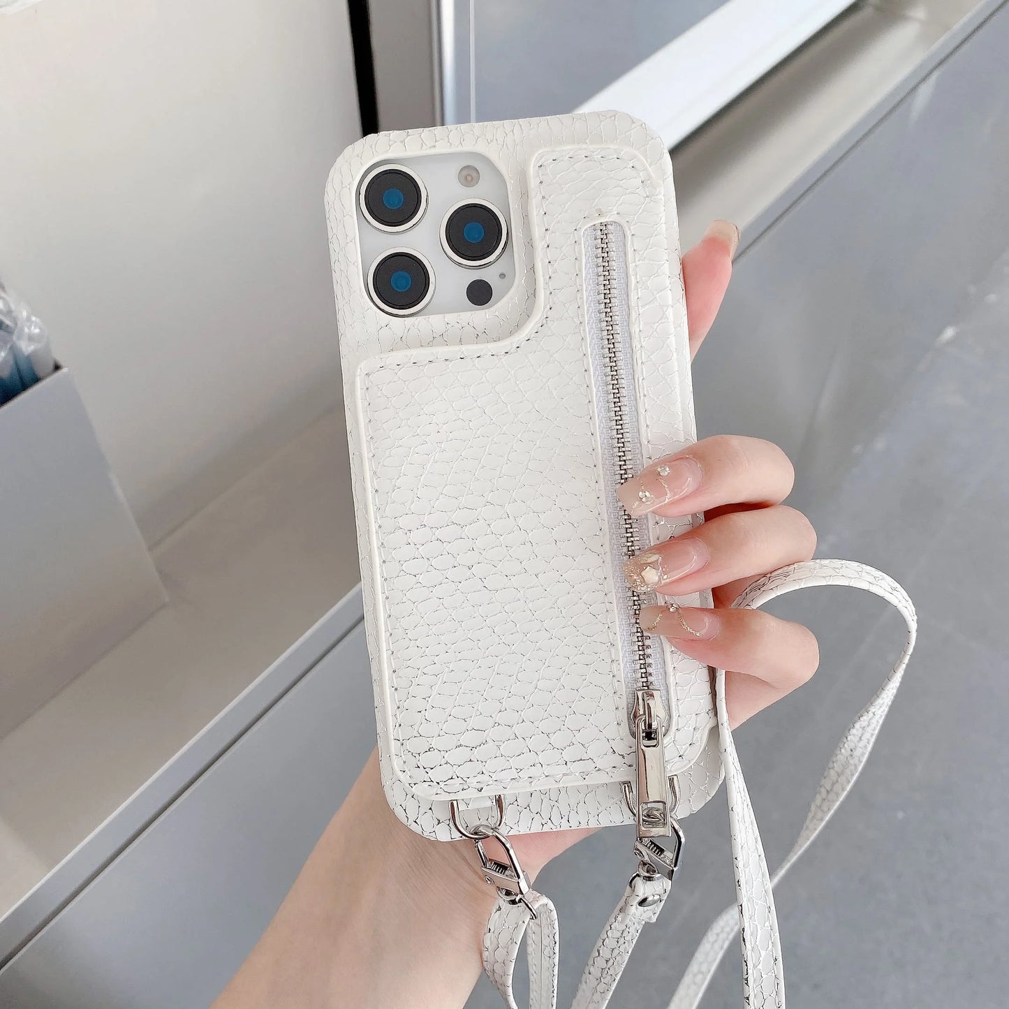 Artificial Snake Leather Cover Phone Case With Mirror Zipper Wallet