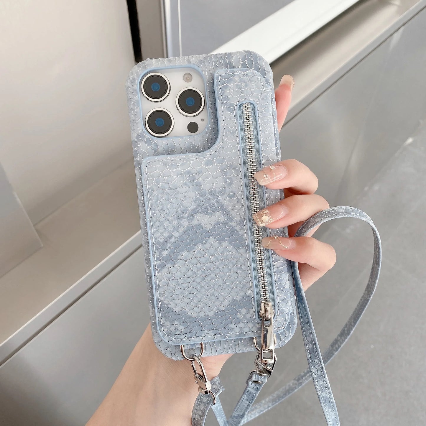 Artificial Snake Leather Cover Phone Case With Mirror Zipper Wallet