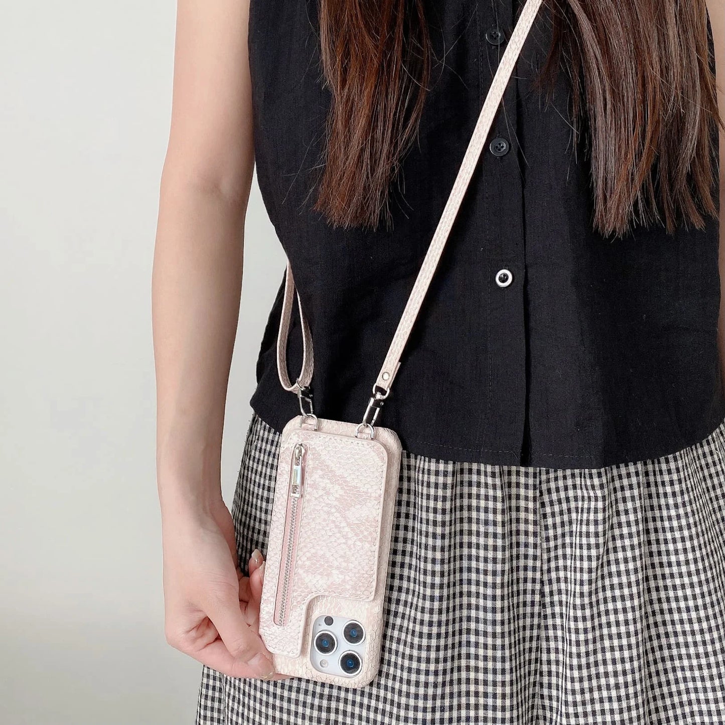 Artificial Snake Leather Cover Phone Case With Mirror Zipper Wallet