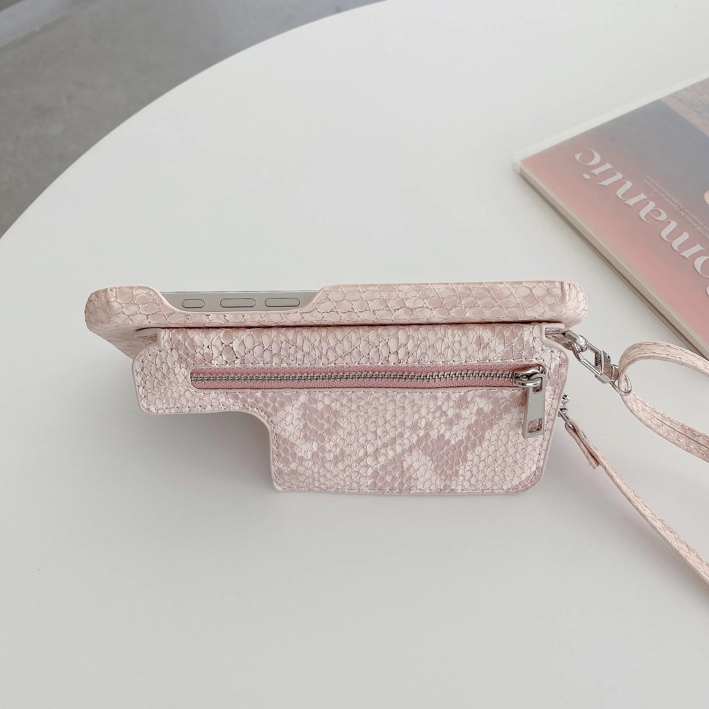 Artificial Snake Leather Cover Phone Case With Mirror Zipper Wallet