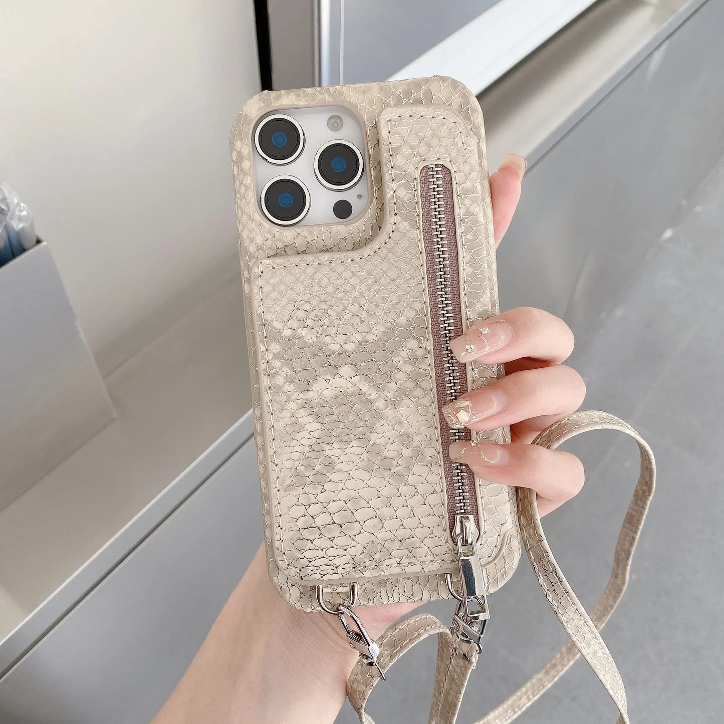 Artificial Snake Leather Cover Phone Case With Mirror Zipper Wallet