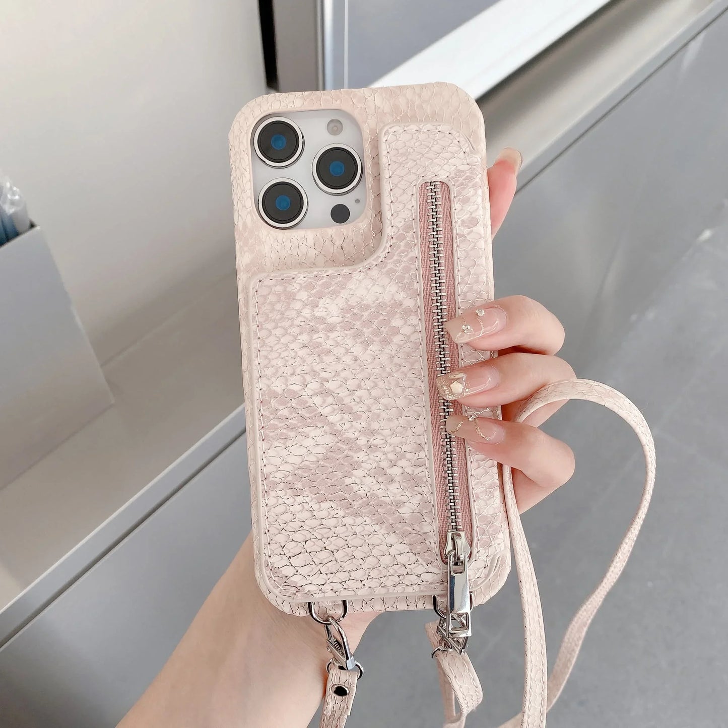 Artificial Snake Leather Cover Phone Case With Mirror Zipper Wallet