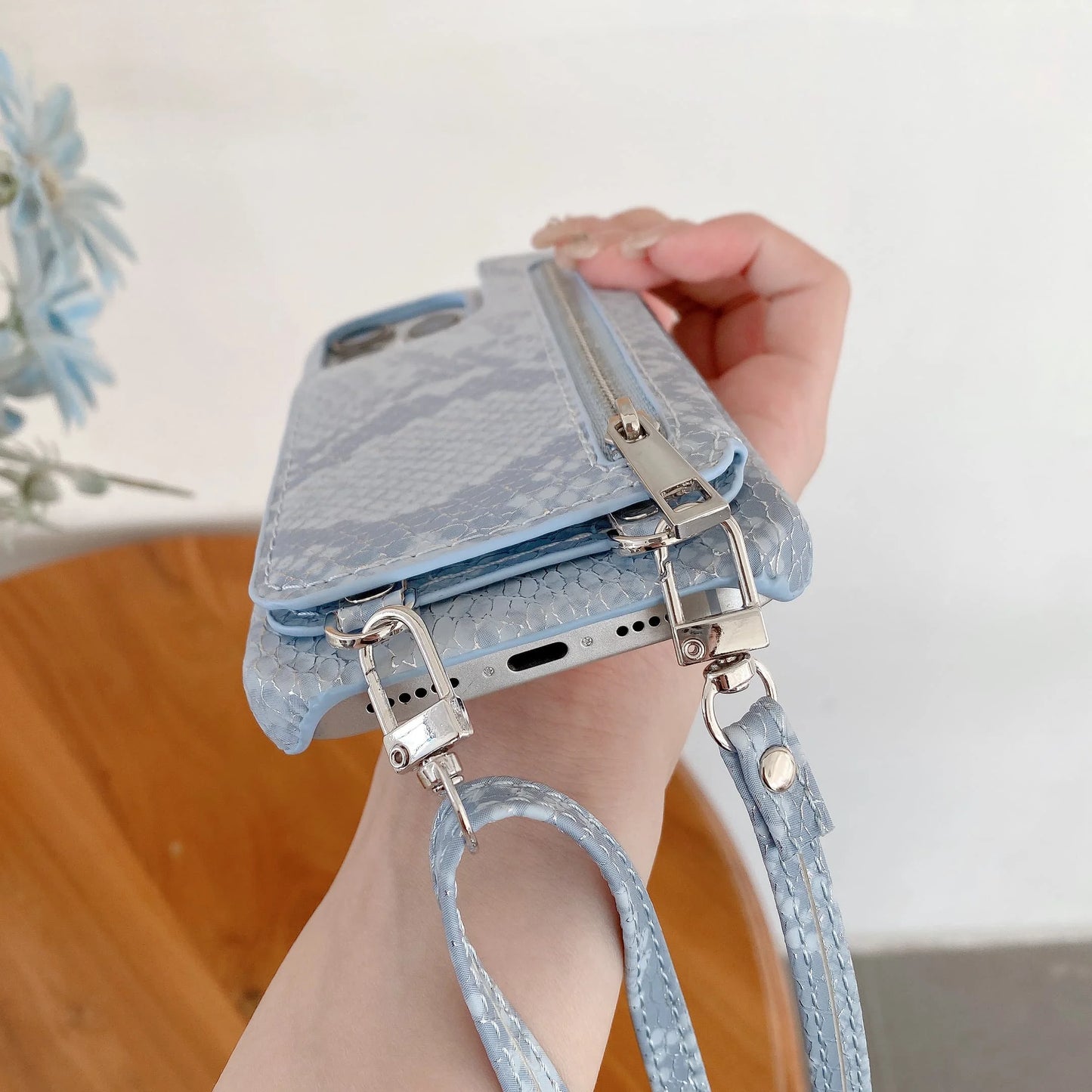 Artificial Snake Leather Cover Phone Case With Mirror Zipper Wallet