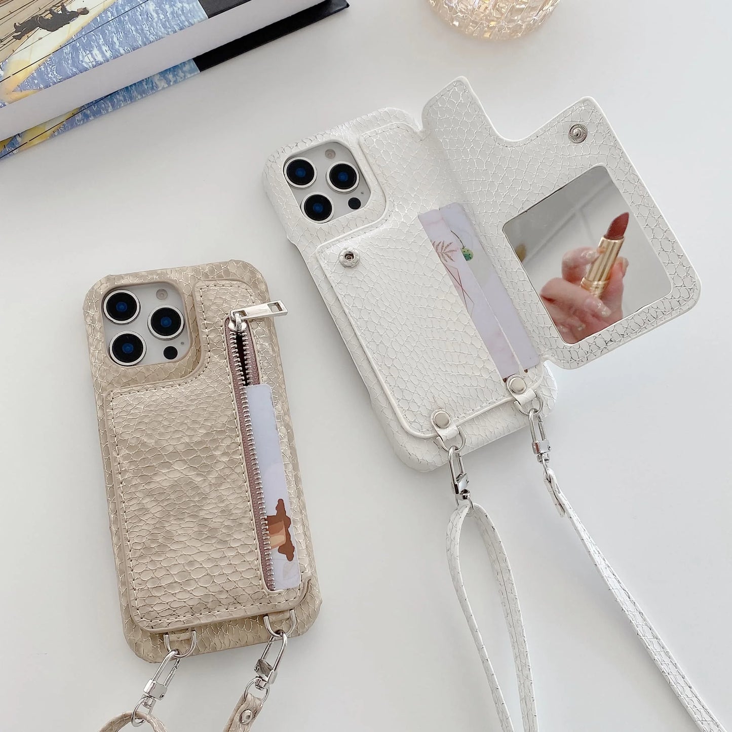 Artificial Snake Leather Cover Phone Case With Mirror Zipper Wallet