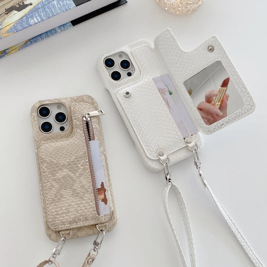 Artificial Snake Leather Cover Phone Case With Mirror Zipper Wallet