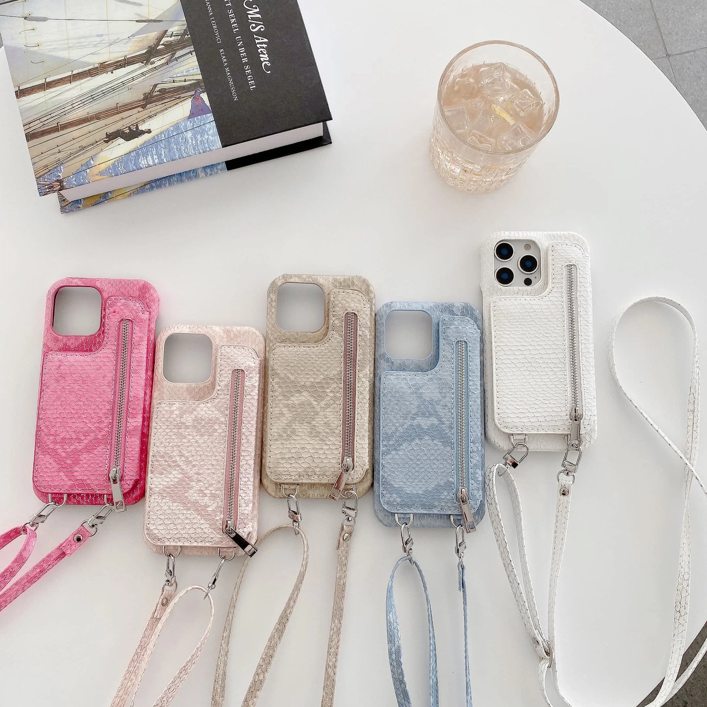 Artificial Snake Leather Cover Phone Case With Mirror Zipper Wallet