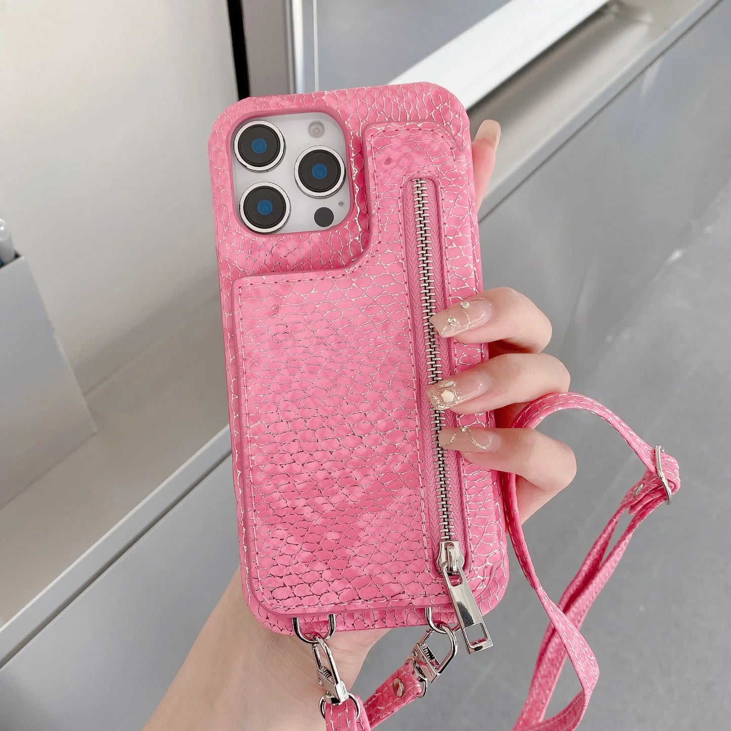 Artificial Snake Leather Cover Phone Case With Mirror Zipper Wallet